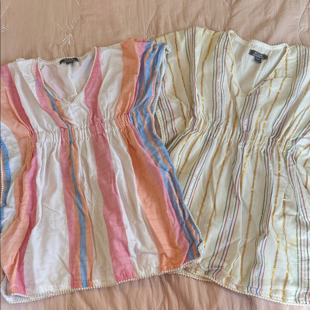 A.T.U.N. Girls Pink & Cream Pom-Trim Tunic Tops